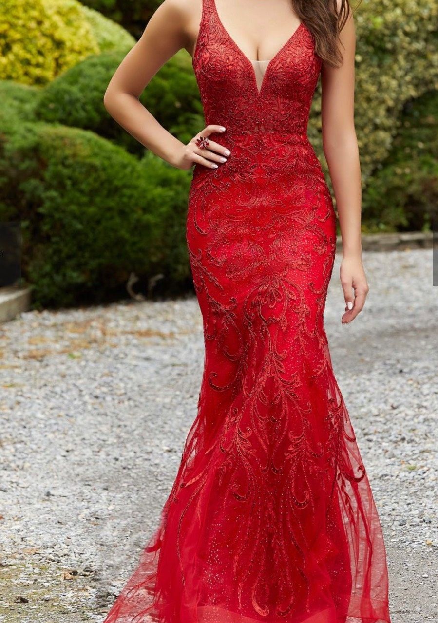 MoriLee Size 1X Pageant Plunge Lace Red Mermaid Dress on Queenly