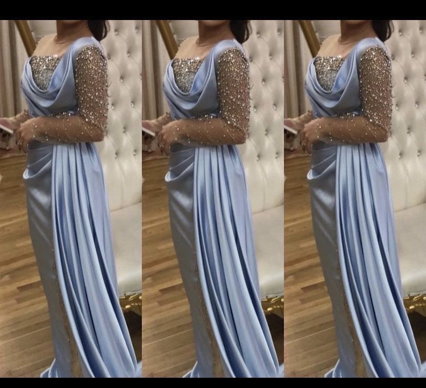 Size 12 Prom Long Sleeve Sequined Light Blue Floor Length Maxi on Queenly
