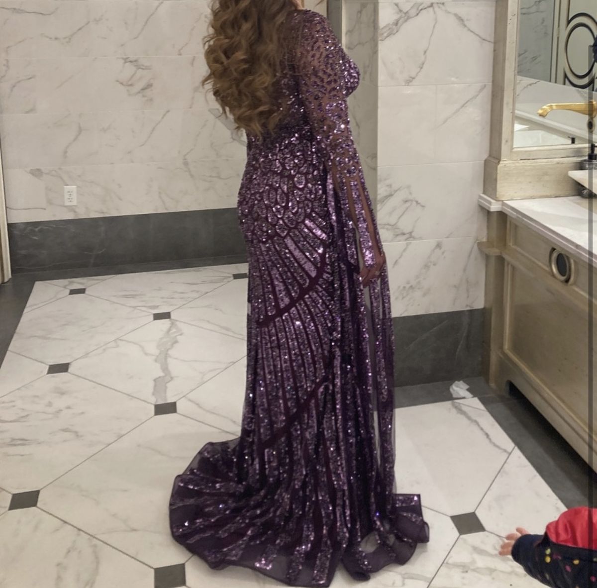 Size 8 Prom Long Sleeve Sequined Purple Dress With Train on Queenly