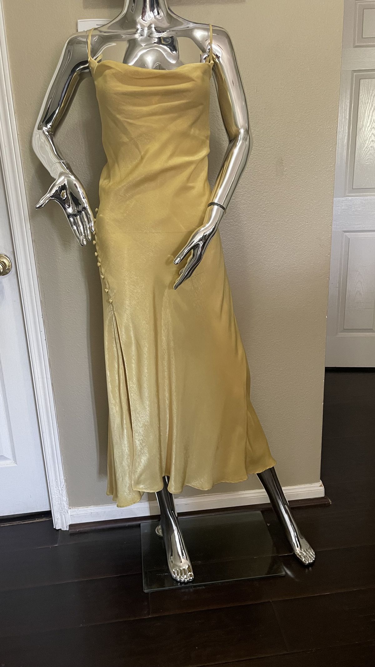Size 12 Satin Yellow Side Slit Dress on Queenly