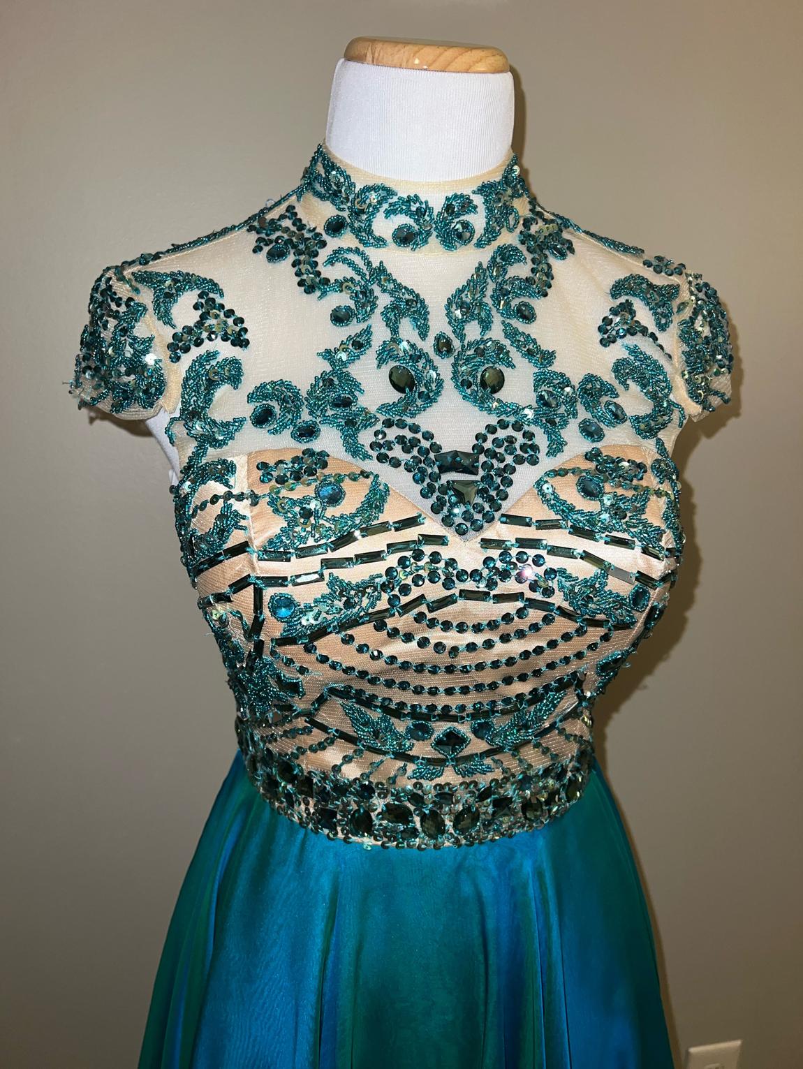 Sherri Hill Size 4 Homecoming High Neck Satin Turquoise Blue Cocktail Dress on Queenly