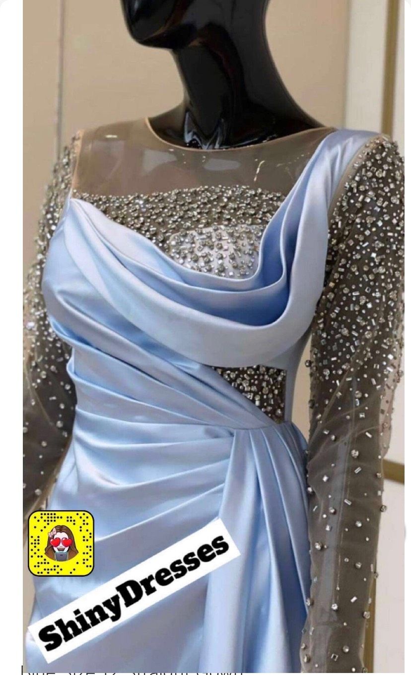 Size 8 Long Sleeve Sequined Light Blue Side Slit Dress on Queenly