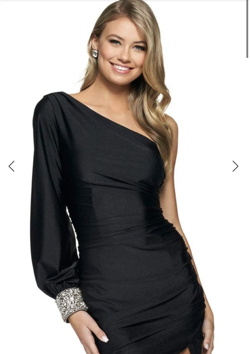 Sherri Hill Size 2 Prom Long Sleeve Satin Black Side Slit Dress on Queenly
