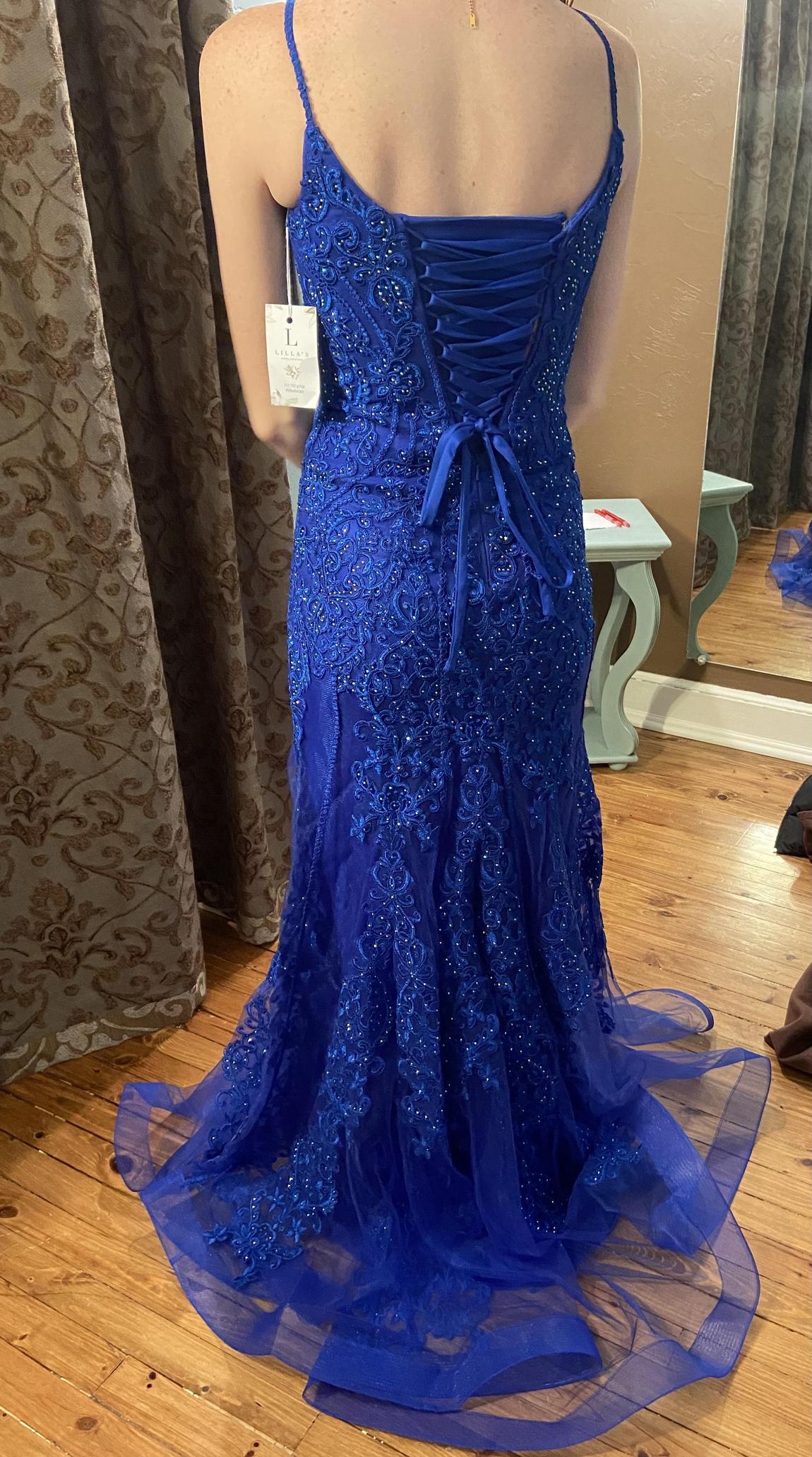 Jovani Size 0 Prom Lace Royal Blue Dress With Train on Queenly
