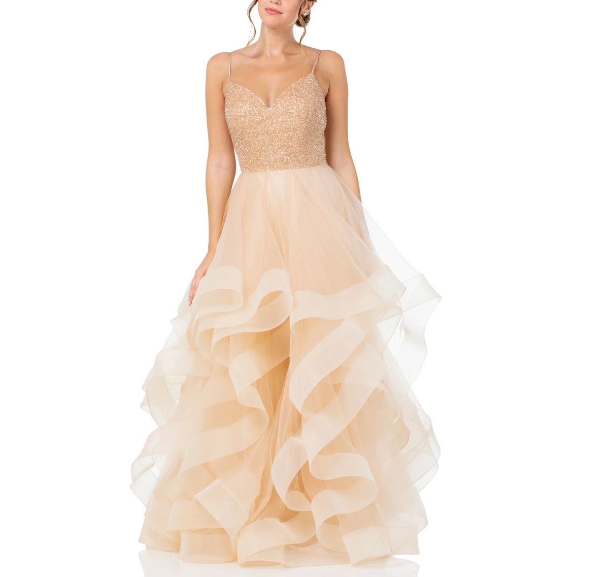 Style Champagne Beaded Sweetheart Neck Tiered Ruffle Tulle Ballgown Bicici & Coty Size 14 Nude Ball Gown on Queenly