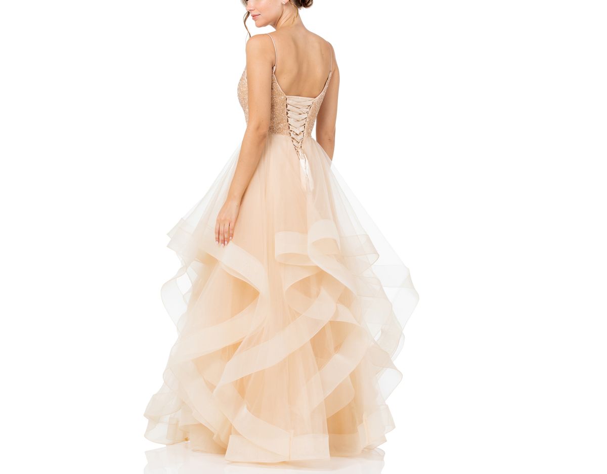 Style Champagne Beaded Sweetheart Neck Tiered Ruffle Tulle Ballgown Bicici & Coty Size 14 Nude Ball Gown on Queenly