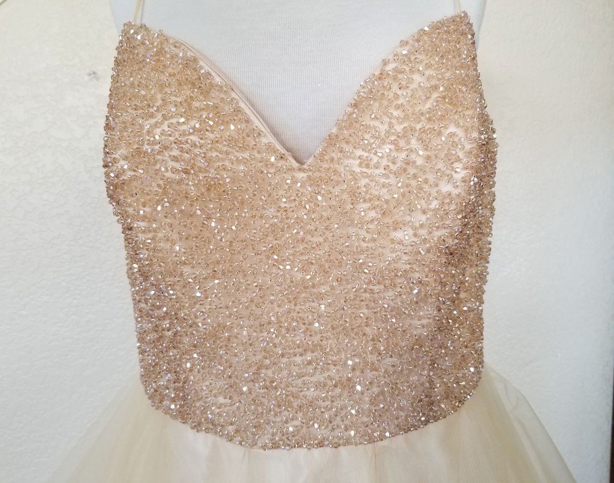Gold Sequins in Wavy Striation Design on Nude Tulle - Gold
