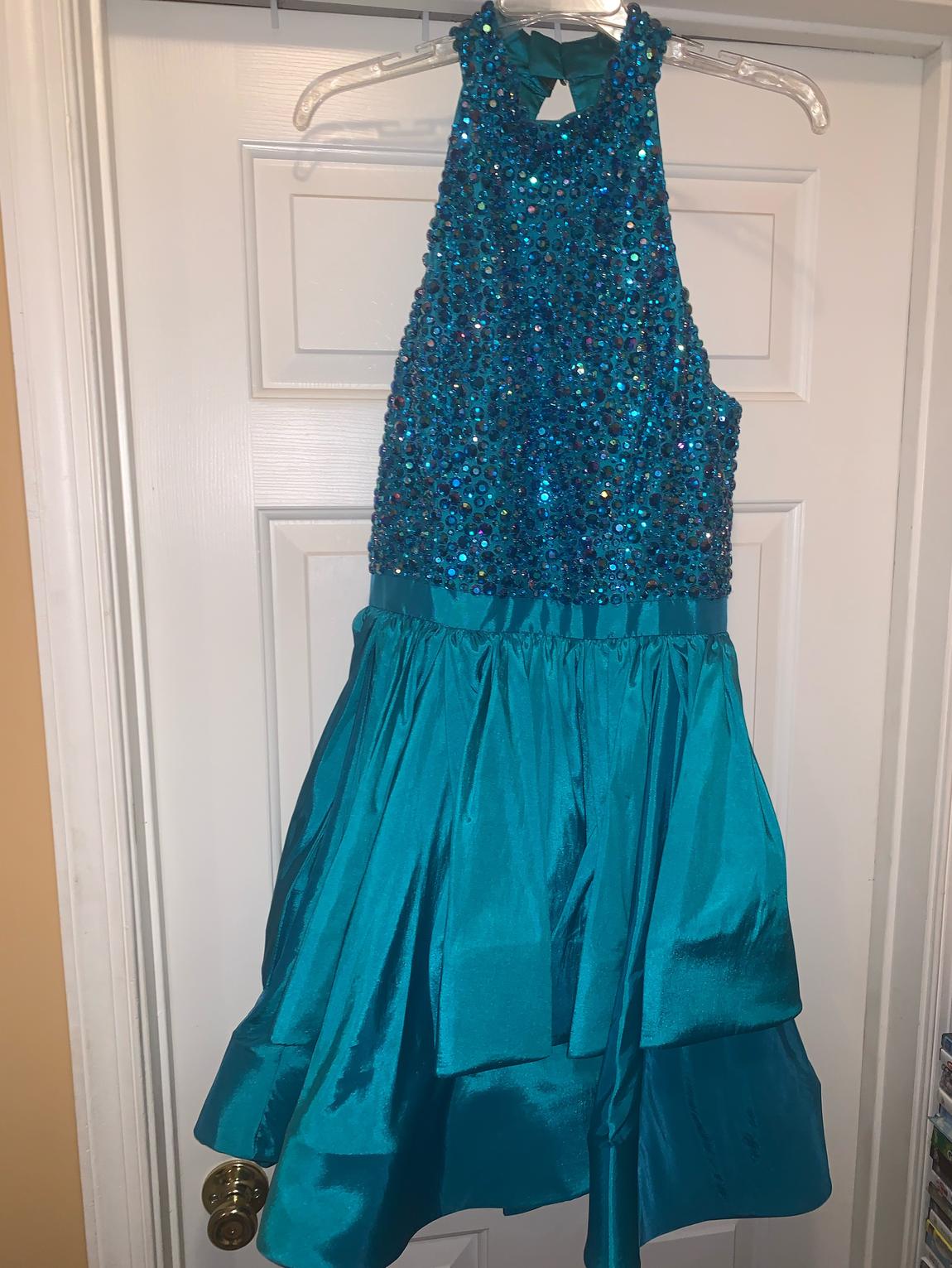 Sherri Hill Size 12 Prom High Neck Satin Turquoise Blue Cocktail Dress on Queenly
