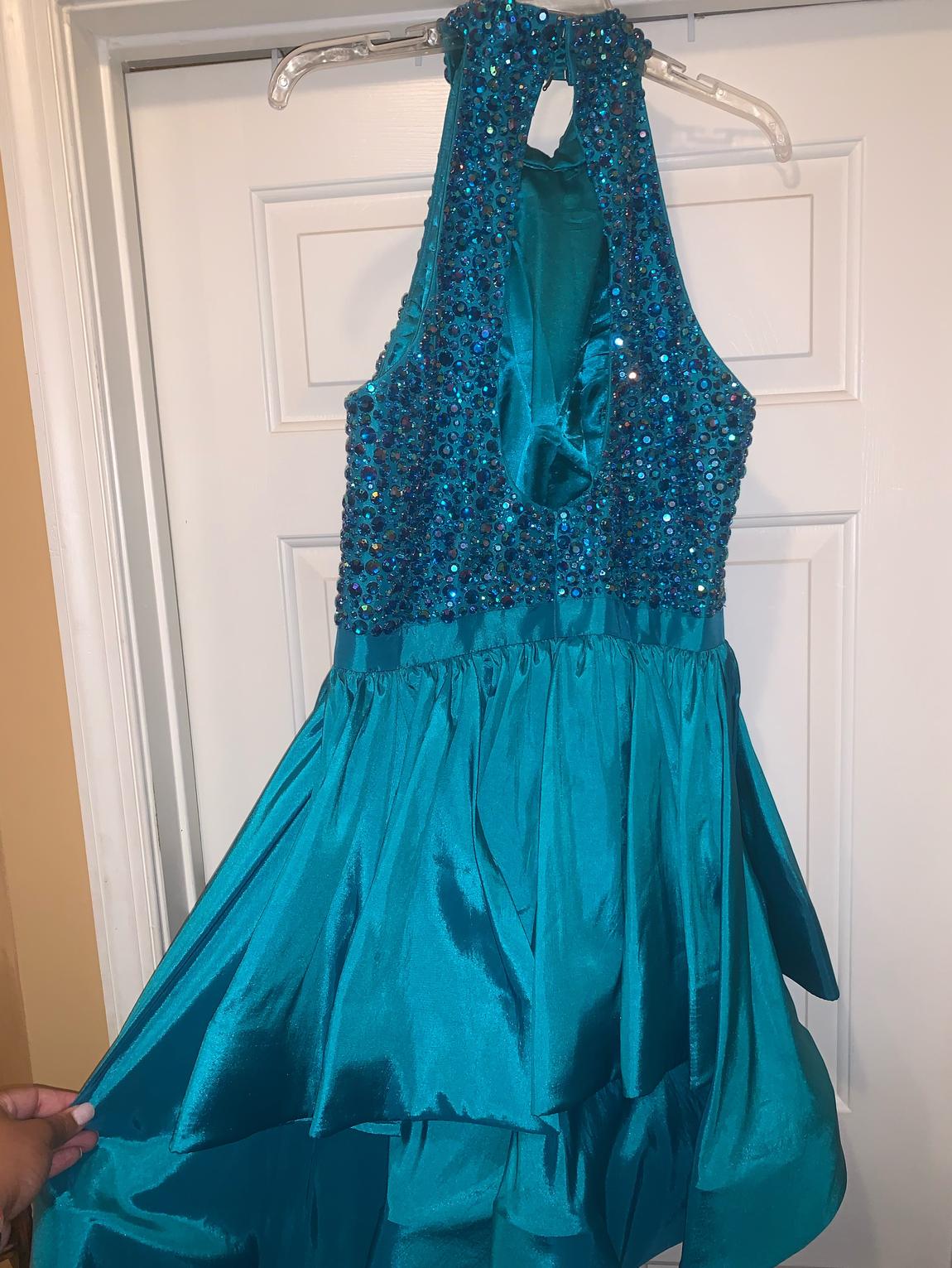 Sherri Hill Size 12 Prom High Neck Satin Turquoise Blue Cocktail Dress on Queenly