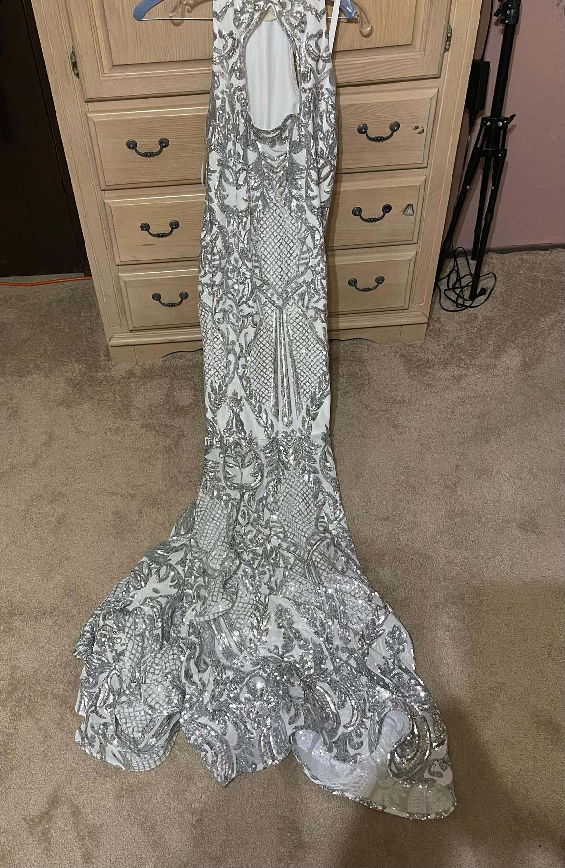 Size 14 Prom Silver Floor Length Maxi on Queenly