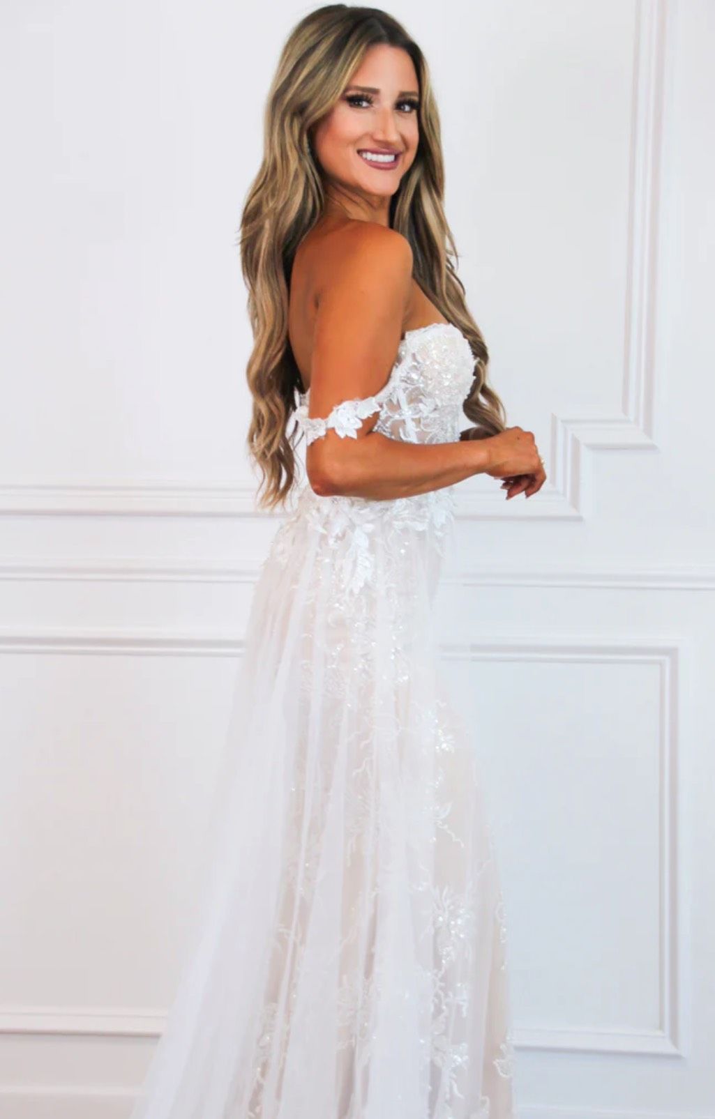 Bella & Bloom Size 12 Prom Off The Shoulder White Side Slit Dress on Queenly