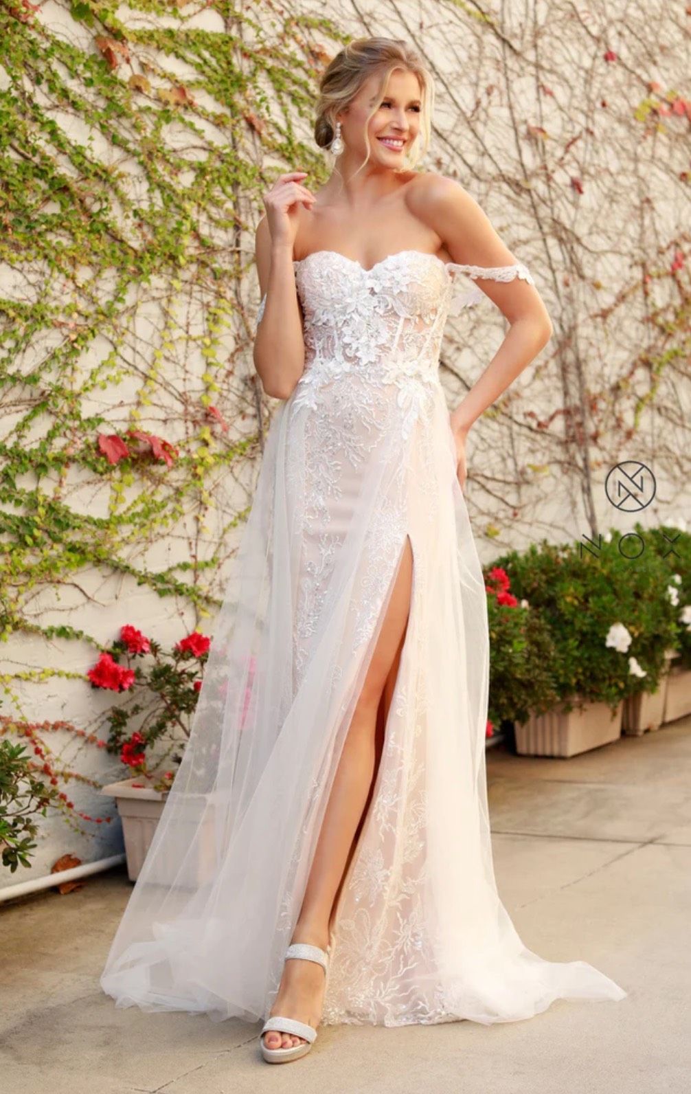 Bella & Bloom Size 12 Prom Off The Shoulder White Side Slit Dress on Queenly