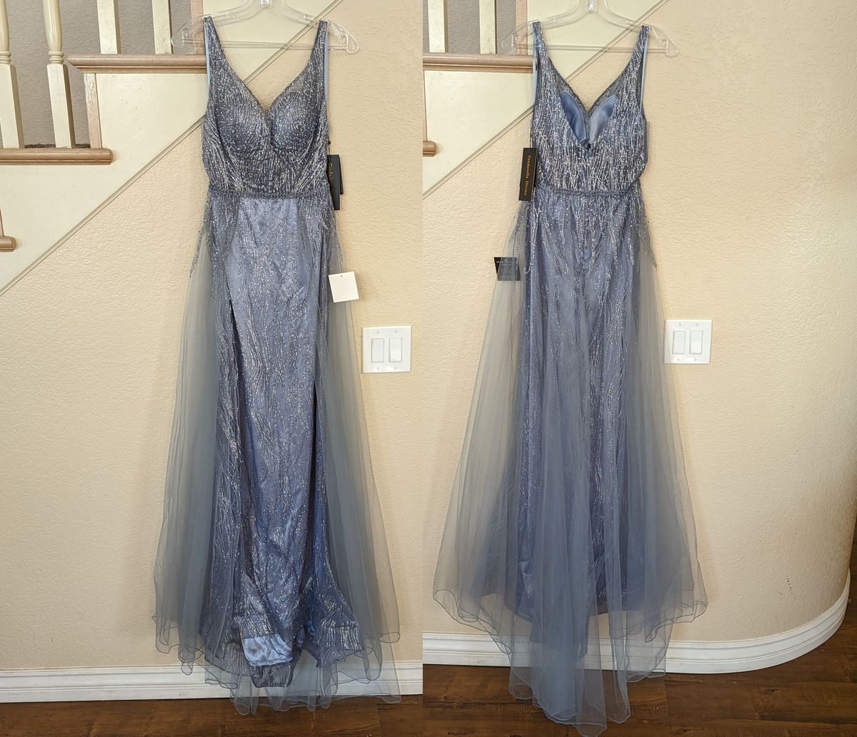 Style Smoky Blue Glitter Illusion A-line Tulle Train Formal Gown Cinderella Divine Size 2 Prom Sheer Light Blue Dress With Train on Queenly