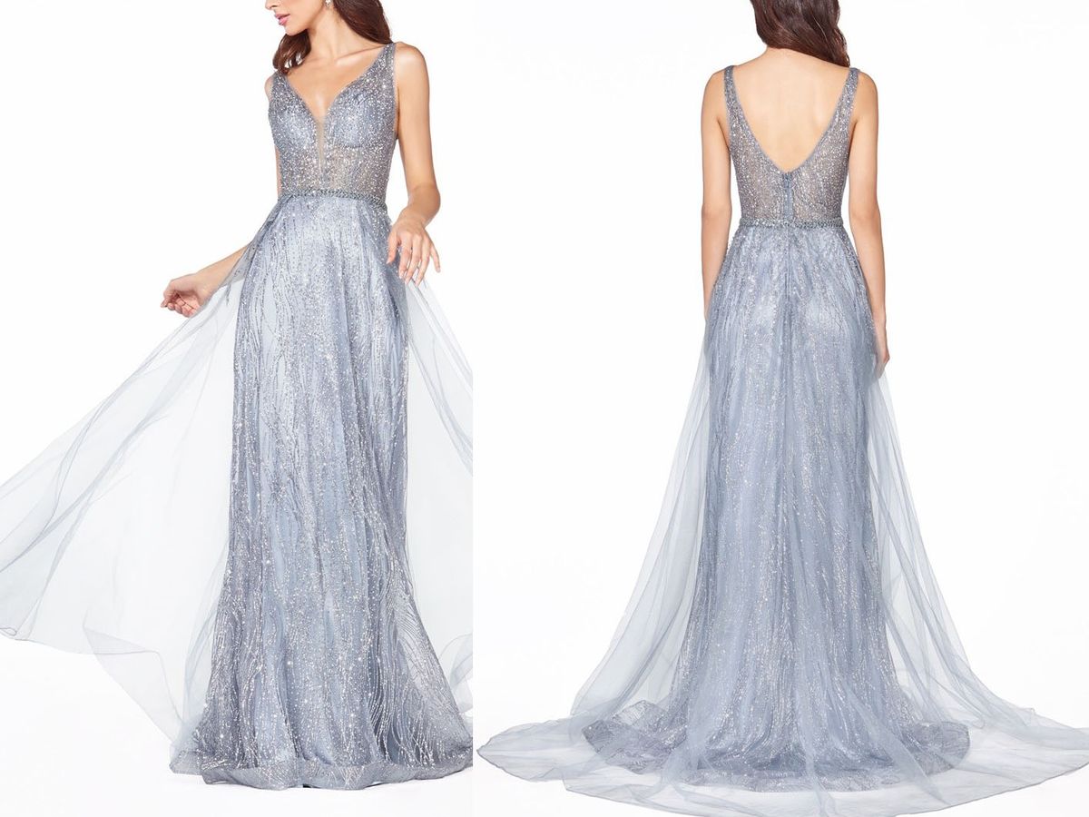 Style Smoky Blue Glitter Illusion A-line Tulle Train Formal Gown Cinderella Divine Size 2 Prom Sheer Light Blue Dress With Train on Queenly