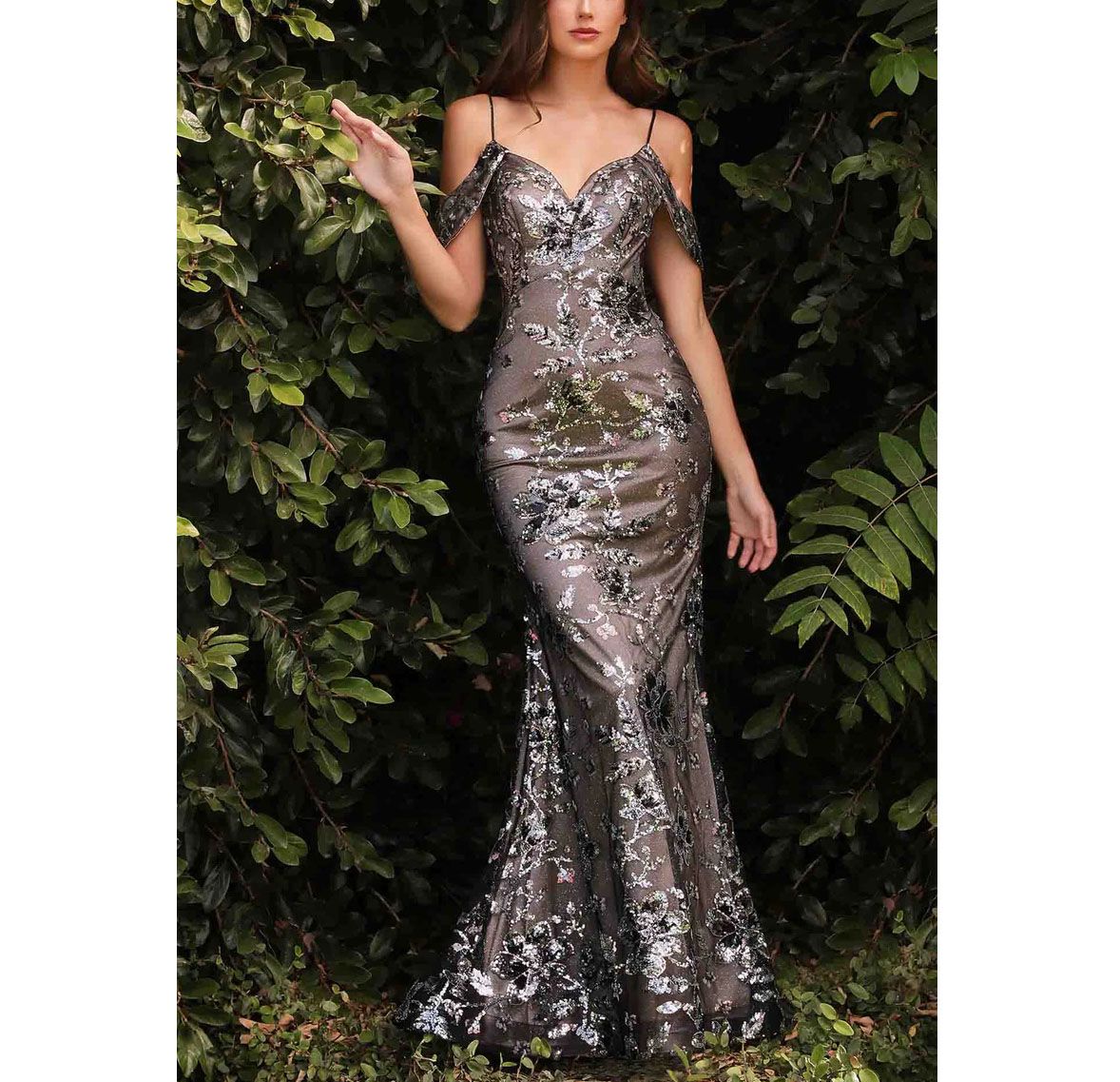 Style Gunmetal Floral Sequined Cold shoulder Mermaid Gown Cinderella Divine Size 14 Silver Mermaid Dress on Queenly