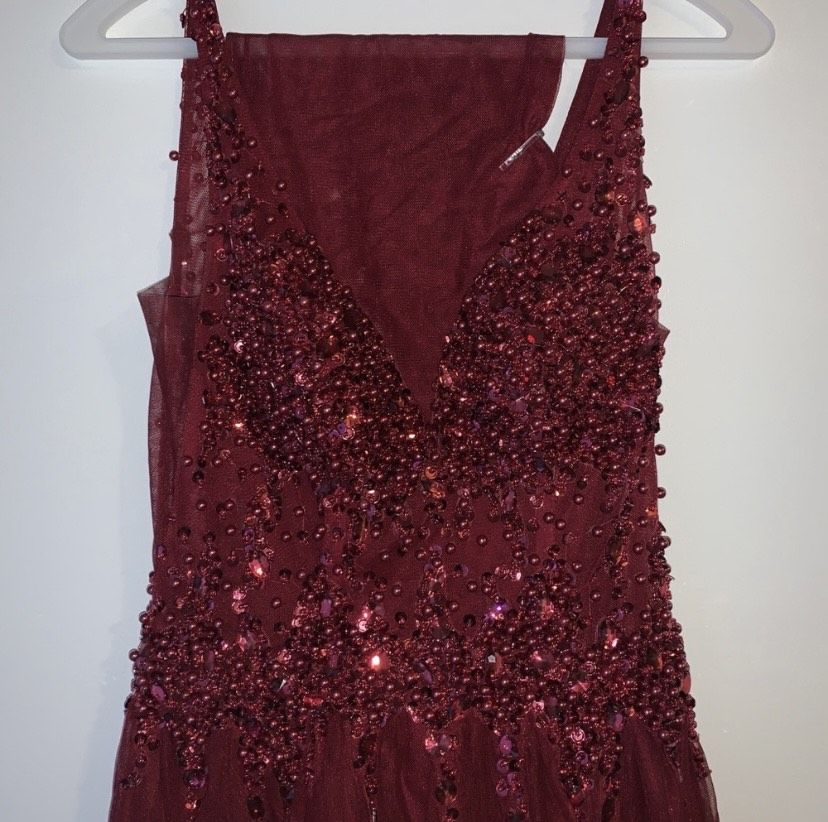 Size 0 Prom Sequined Burgundy Red Side Slit Dress on Queenly