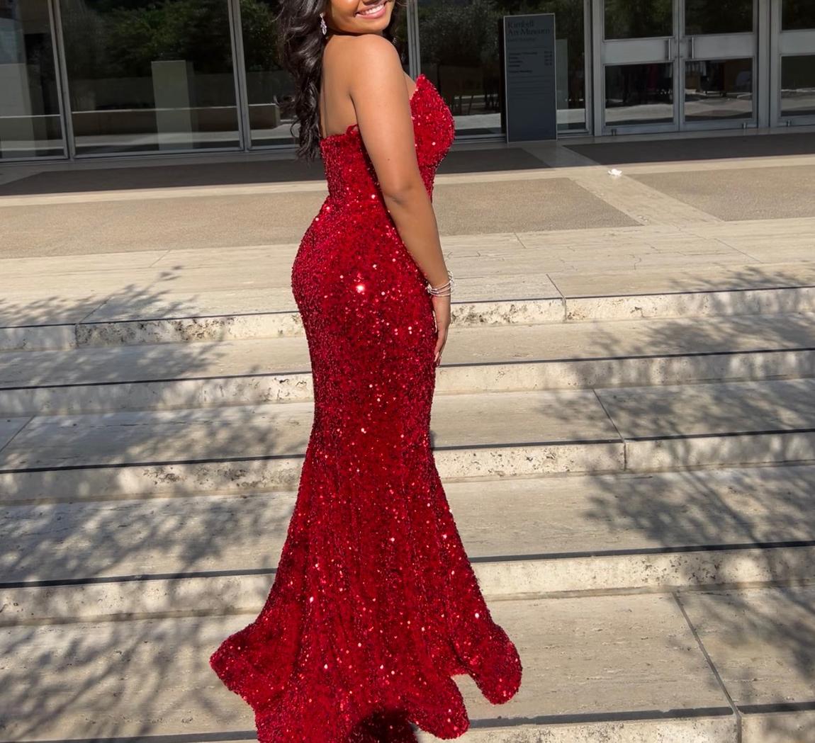Portia and Scarlett Size 8 Prom Strapless Sequined Burgundy Red Dress With Train on Queenly