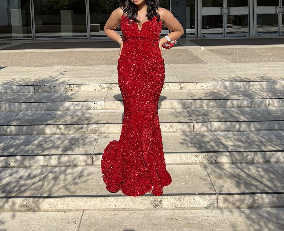 Portia and Scarlett Size 8 Prom Strapless Sequined Burgundy Red Dress With Train on Queenly