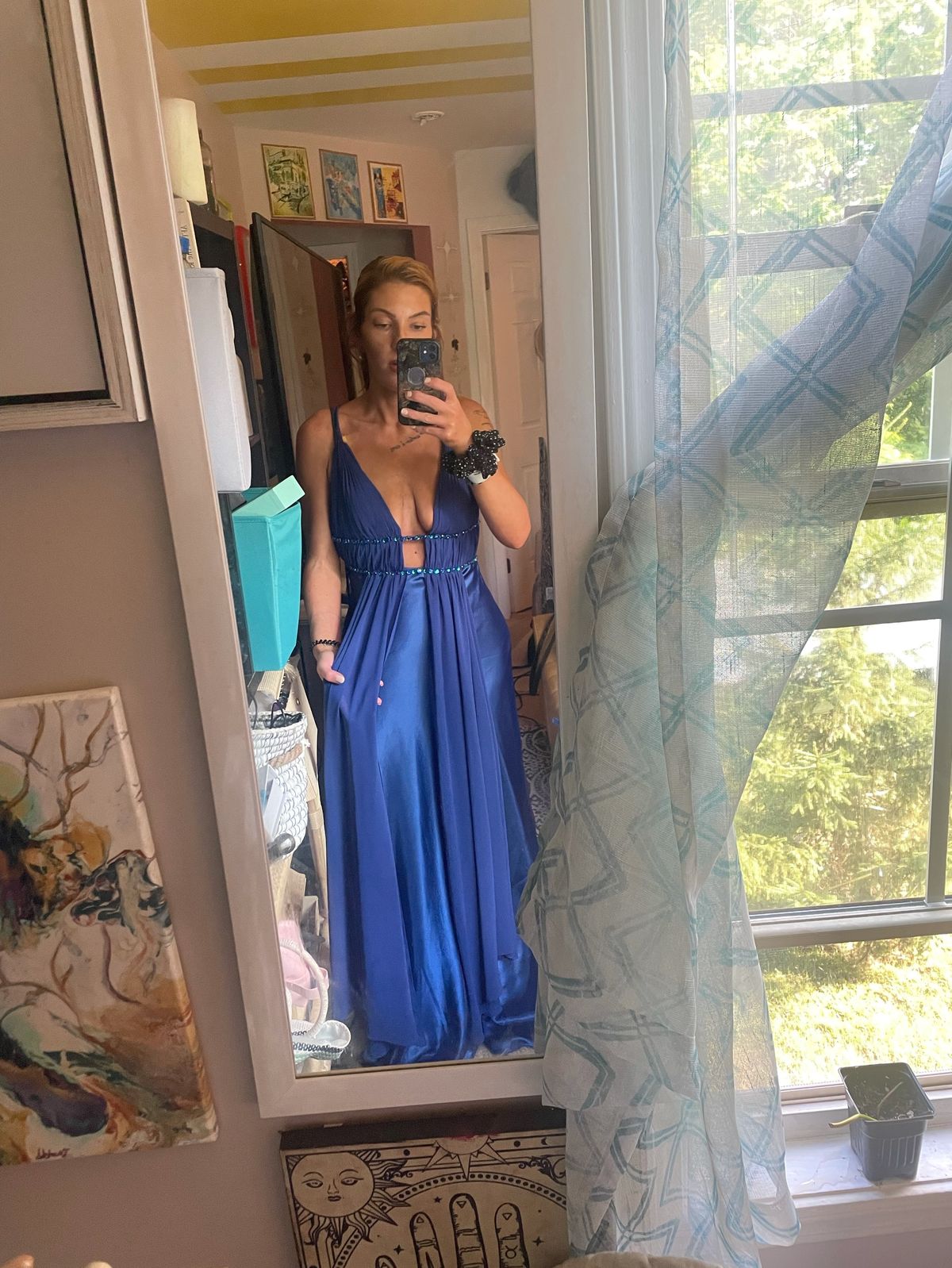 Bari Jay Size 2 Prom Plunge Sequined Royal Blue Floor Length Maxi on Queenly