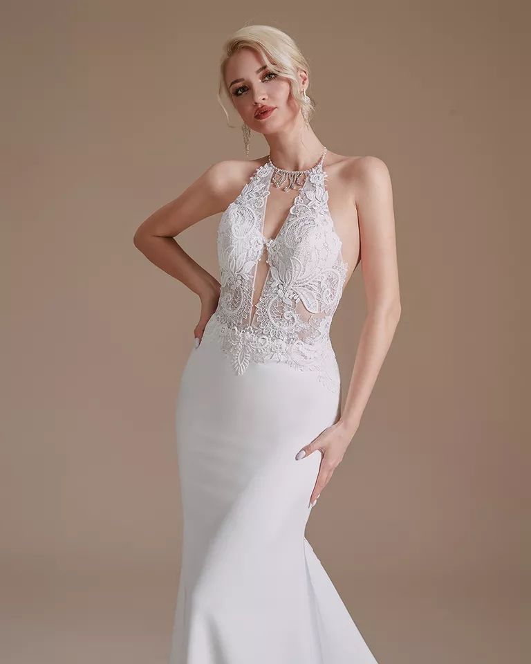 Size 8 Halter Lace White Mermaid Dress on Queenly