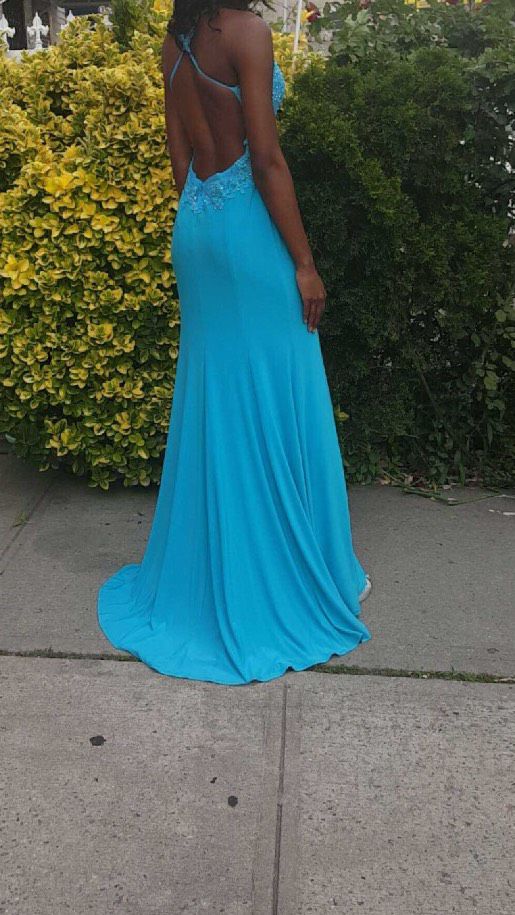 Size 4 Prom Sequined Light Blue Side Slit Dress on Queenly