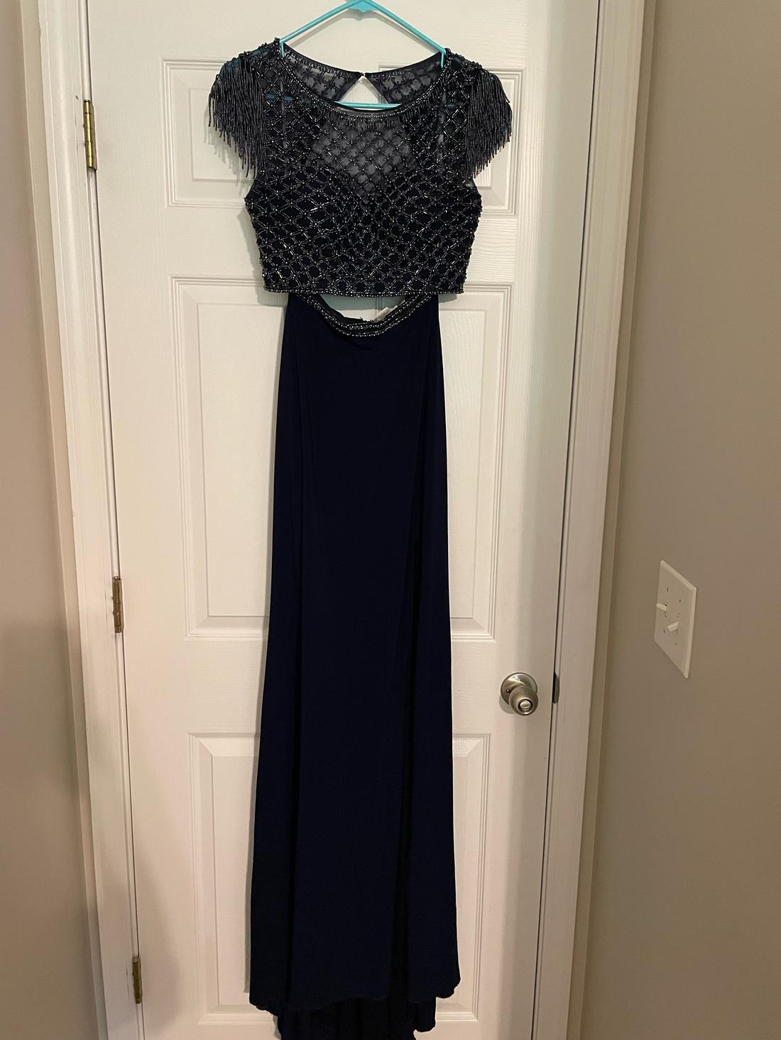 Sherri Hill Size 2 Prom High Neck Sequined Navy Blue Floor Length Maxi on Queenly