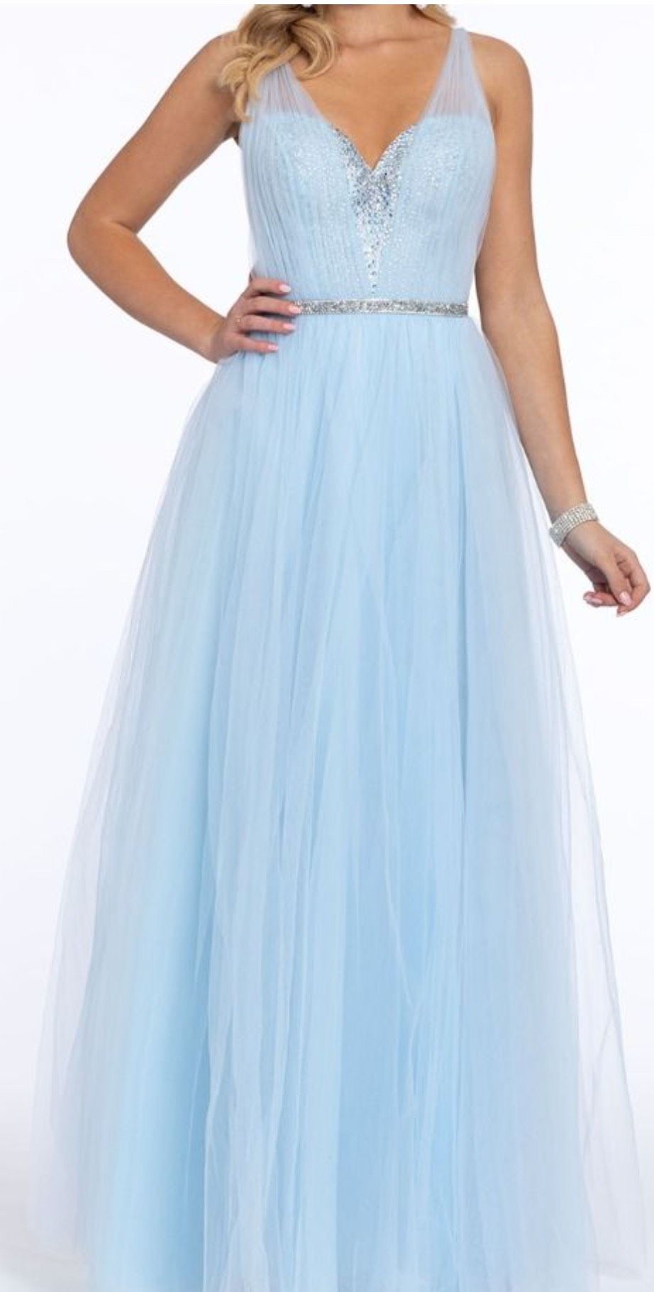 Camille La Vie Size 0 Prom Sheer Light Blue Side Slit Dress on Queenly