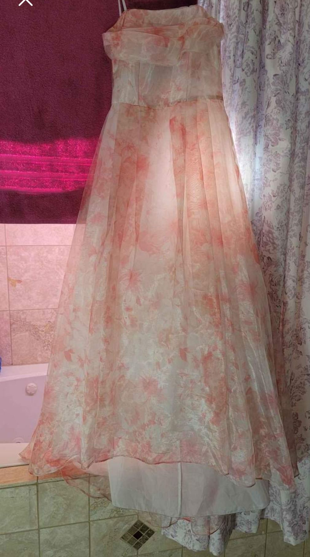 B. Darling pink floral Ball gown  Size 0 Strapless Floral Light Pink Ball Gown on Queenly
