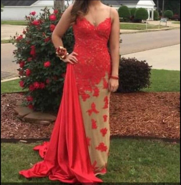 Sherri Hill Size 2 Prom Plunge Lace Red Dress With Train on Queenly