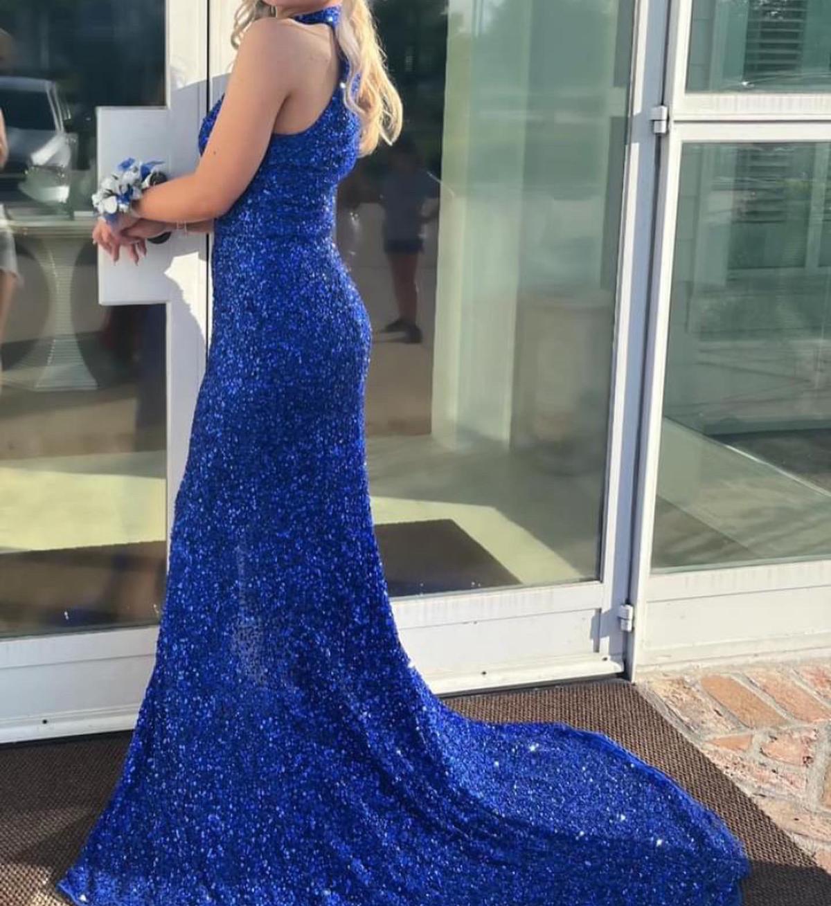 Ashley Lauren Size 2 Prom High Neck Sequined Royal Blue Side Slit Dress on Queenly