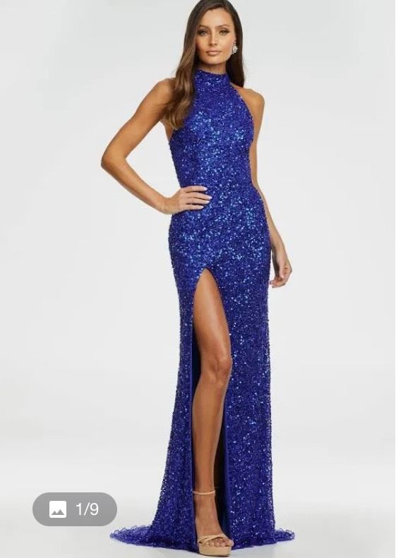 Royal Blue Velvet Sexy High Slit Plunging Rhinestone Cutout Prom Dress