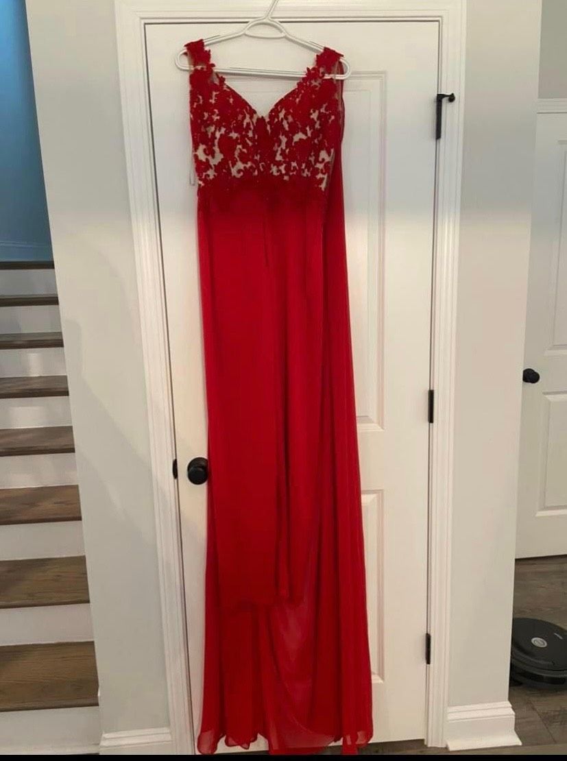 Jovani Size 2 Prom Plunge Lace Red Formal Jumpsuit on Queenly