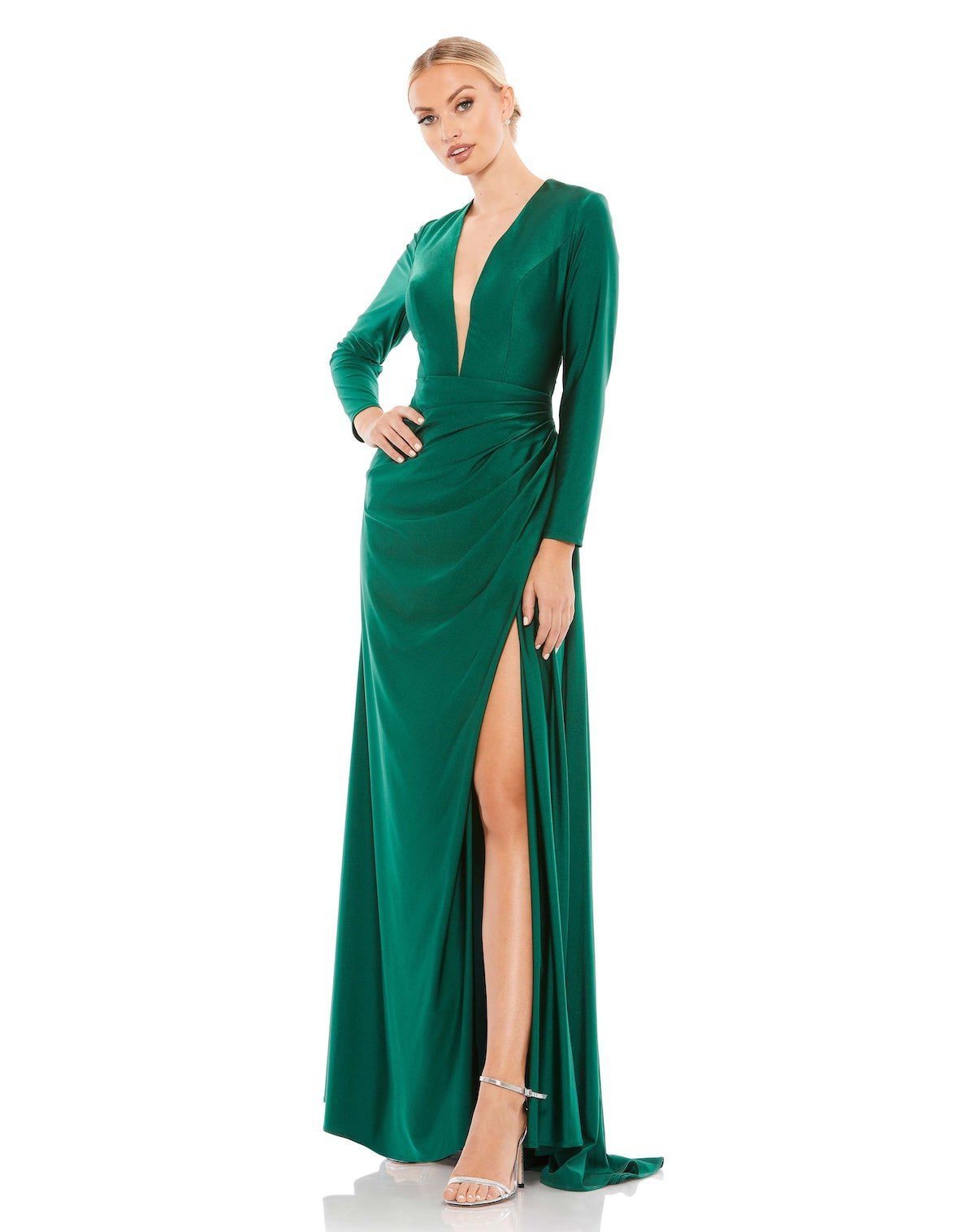 Style Rachael Mac Duggal Size 6 Prom Long Sleeve Satin Emerald Green Side Slit Dress on Queenly