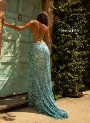 Style Brooklyn Primavera Size 4 Prom Sequined Turquoise Blue Side Slit Dress on Queenly