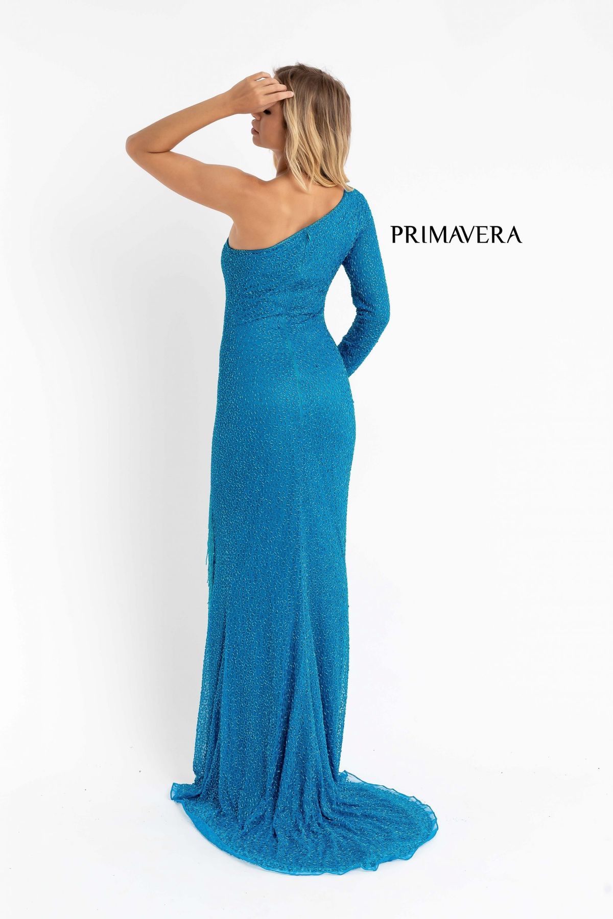 Style Sierra Primavera Size 6 Prom Long Sleeve Blue Side Slit Dress on Queenly