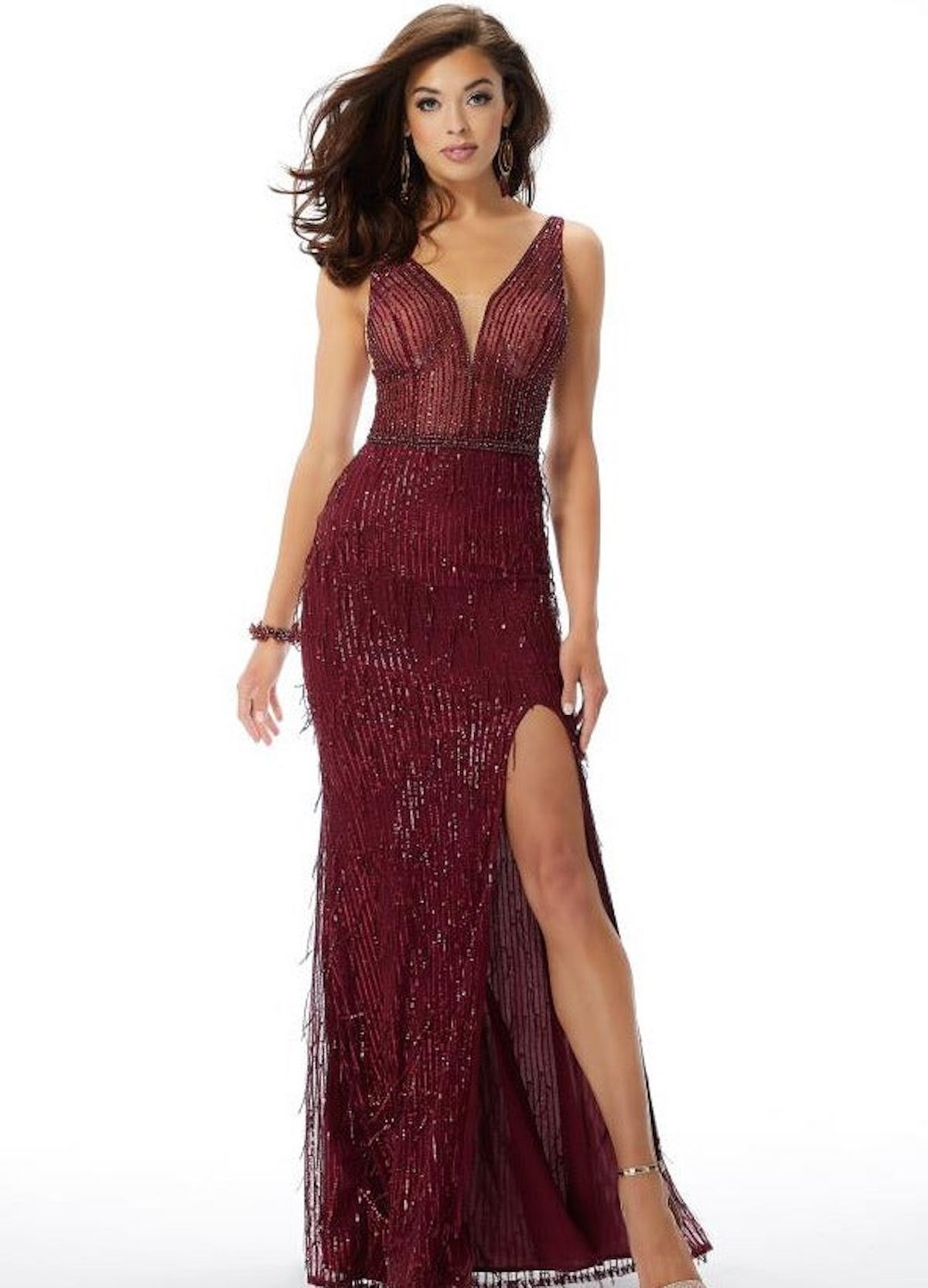Style Aylin MoriLee Size 10 Prom Sequined Burgundy Red Side Slit Dress on Queenly