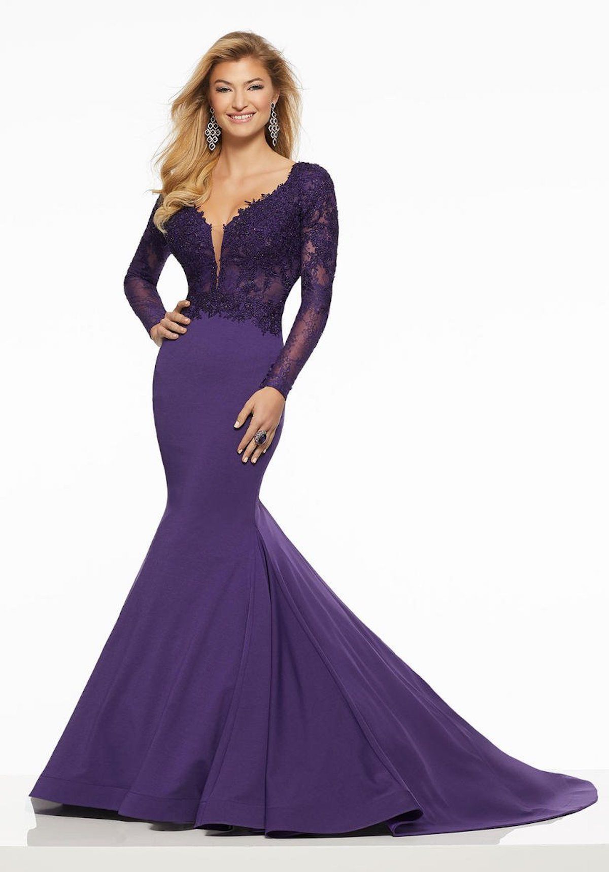 Style 43123 MoriLee Size 12 Prom Long Sleeve Lace Purple Mermaid Dress on Queenly