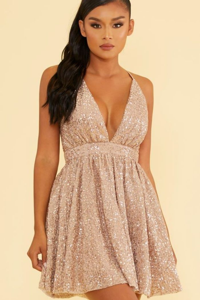 Style LD5803 Luxxel Size 10 Homecoming Sequined Rose Gold Cocktail Dress on Queenly
