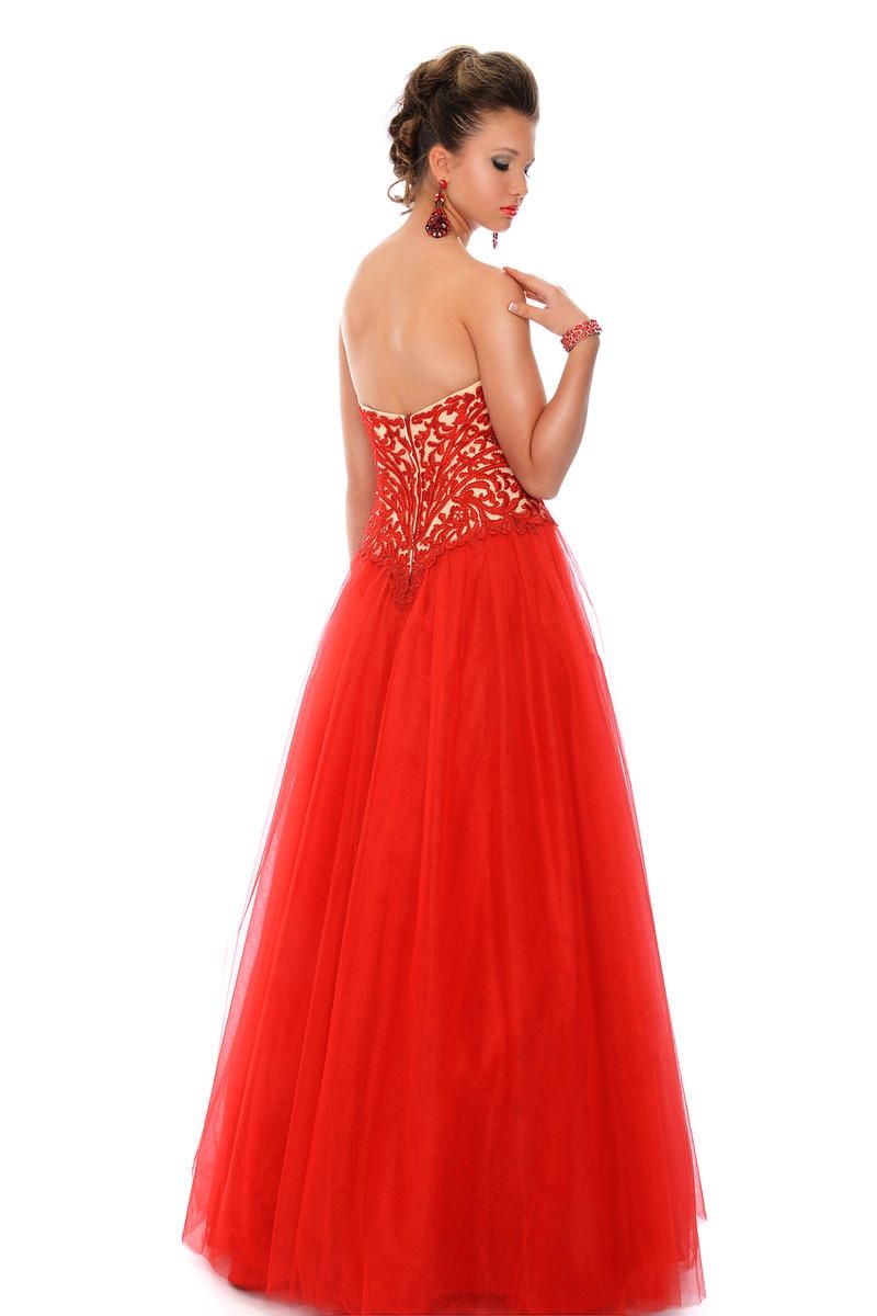 Style P21107 Precious Formals Size 6 Prom Lace Red Ball Gown on Queenly