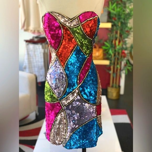 Style P8921 Precious Formals Size 0 Homecoming Sequined Multicolor Cocktail Dress on Queenly
