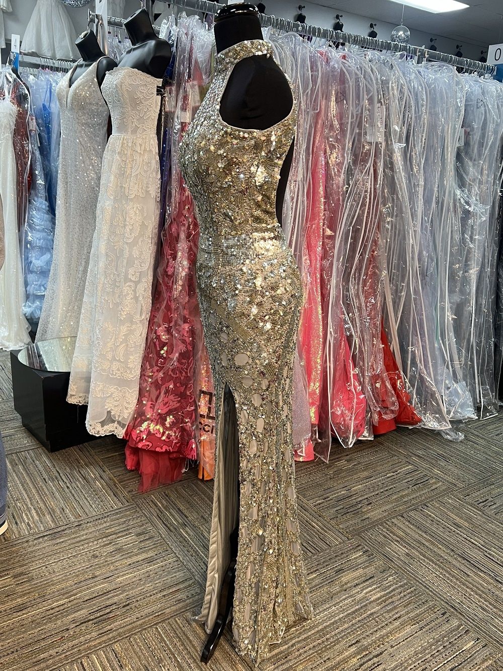 Style P9117 Precious Formals Size 0 Prom Gold Side Slit Dress on Queenly