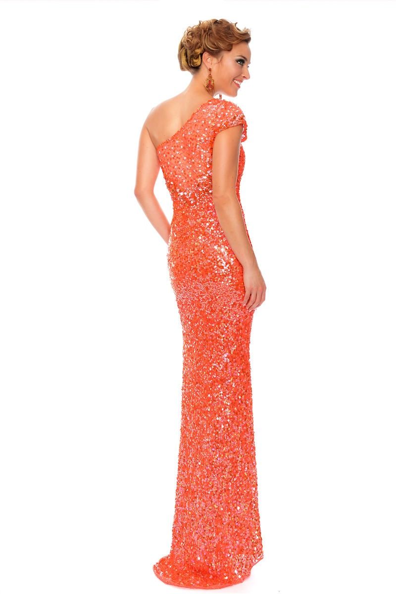 Style P9073 Precious Formals Size 4 Prom Sequined Coral Side Slit Dress on Queenly