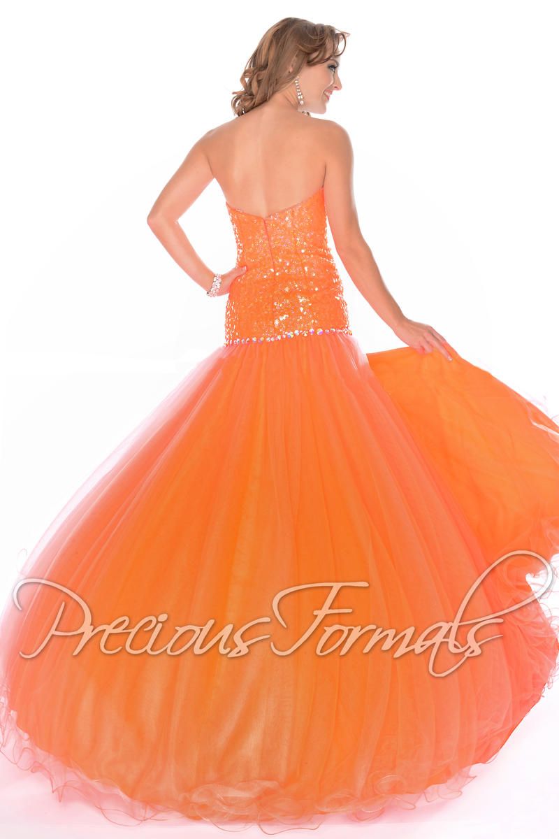 Style P10570 Precious Formals Size 8 Strapless Sequined Orange Side Slit Dress on Queenly