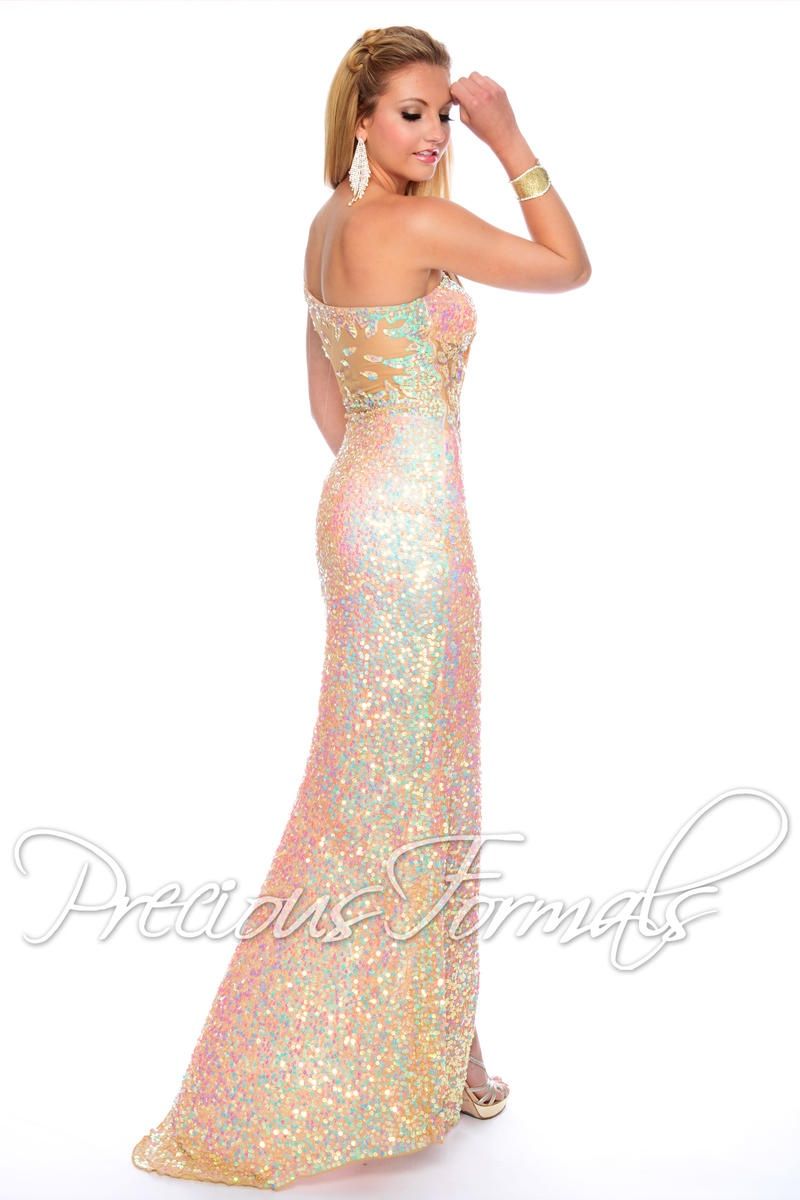 Style P9033 Precious Formals Size 6 One Shoulder Sequined Nude Side Slit Dress on Queenly