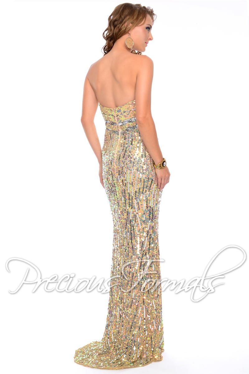 Style P9058 Precious Formals Size 8 Strapless Sequined Nude Side Slit Dress on Queenly