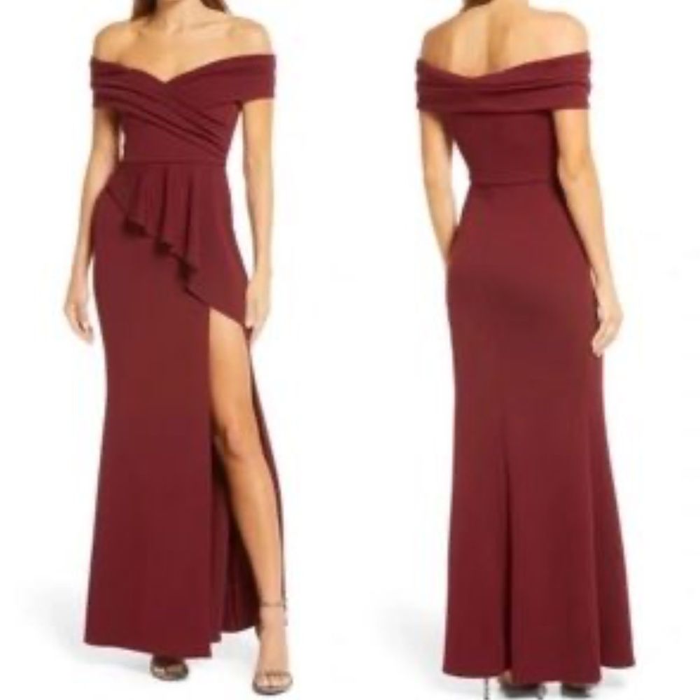 Size 10 Bridesmaid Off The Shoulder Velvet Red Side Slit Dress on Queenly