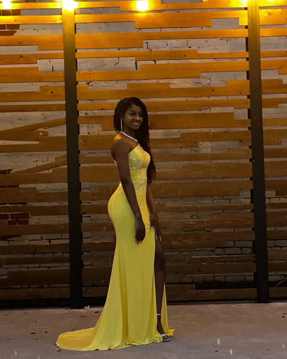 Size 0 Prom One Shoulder Sequined Yellow Side Slit Dress on Queenly