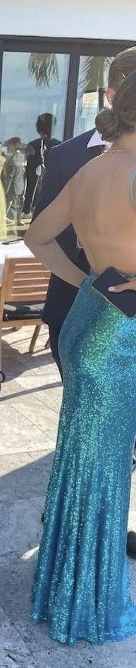 Jovani Size 0 Prom Plunge Sequined Blue Side Slit Dress on Queenly
