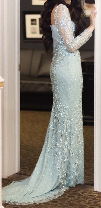 Custom couture Size 4 Plunge Light Blue Floor Length Maxi on Queenly