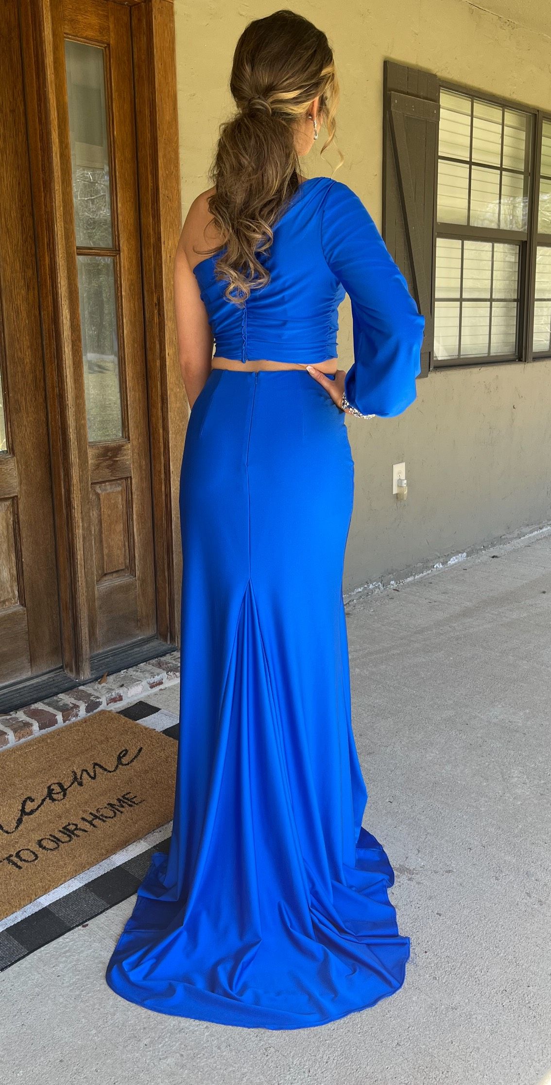 Sherri Hill Size 4 Prom One Shoulder Satin Blue Side Slit Dress on Queenly
